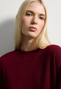 Jeune personne aux longs cheveux blonds portant un pull rouge foncé, se tenant face à un fond gris clair uni.