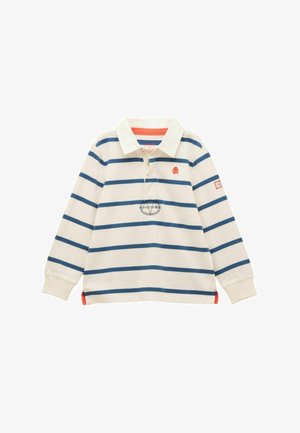 Valge pika varrukaga polo-särk mereväe horisontaalsete triipudega, punase tikitud logoga rinnal ja varrukal ning oranžide detailidega krae ja alaääre juures.