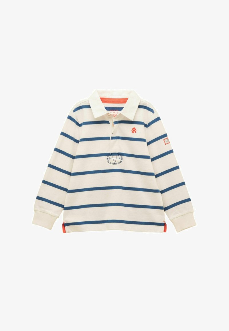 Polo blanc à manches longues avec des rayures horizontales bleu marine, logo brodé rouge sur la poitrine et la manche, et accents orange au col et à l'ourlet.
