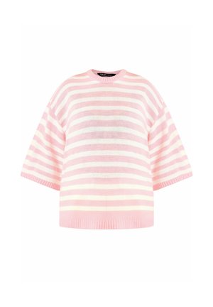 Løs striktrøje med korte ærmer med horisontale pink og hvide striber og ribbet kant og manchetter.