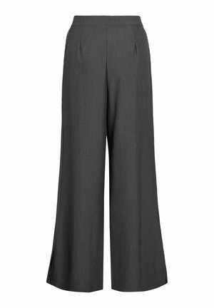 Wijdvallende broek in een gestructureerde donkergrijze stof, met een hoge taille en voorplooien. Geen zichtbare hardware of accenten.