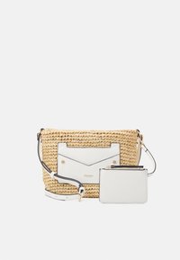 Woven straw crossbody bag with white leather accents, featuring a front pocket and a detachable cardholder. Gold-tone hardware details.