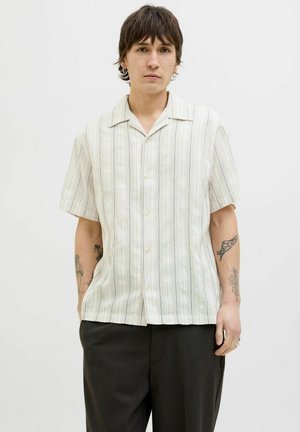 Short-sleeve, collared shirt with vertical blue and green stripes on a light background. Made from a lightweight fabric with a relaxed fit.