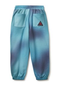 Blaue Sweatpants mit Farbverlauf, elastischem Bund, zwei Gesäßtaschen und einem dreieckigen Logo-Patch. Weicher Stoff mit glatter Textur.