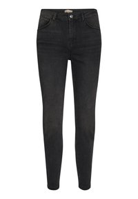 Smala jeans i mörkgrå denim, med hög midja, klassisk femfickdesign, metallknappstängning och subtila sömnadsdetaljer.