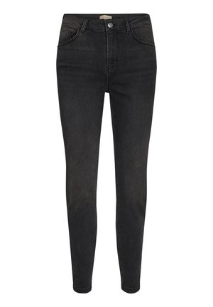 Jeans skinny in denim grigio scuro, con vita alta, design classico a cinque tasche, chiusura con bottone in metallo e dettagli di cucitura sottili.