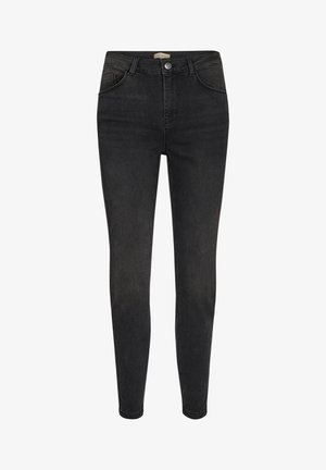 Fekete színű, vékony farmernadrág magas derékkal, klasszikus öt zsebes dizájnnal, fém gombos zárással és diszkrét varrási részletekkel.