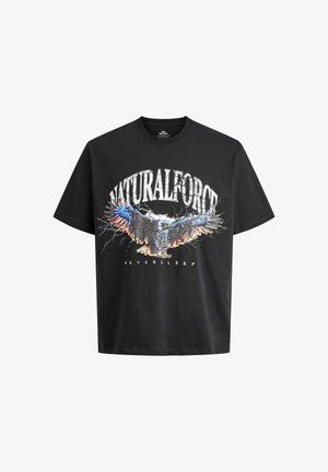 Black cotton t-shirt featuring a graphic design of an eagle with blue and orange accents, text reading "NATURALFORCE NEVERSLEEP," and a relaxed fit.