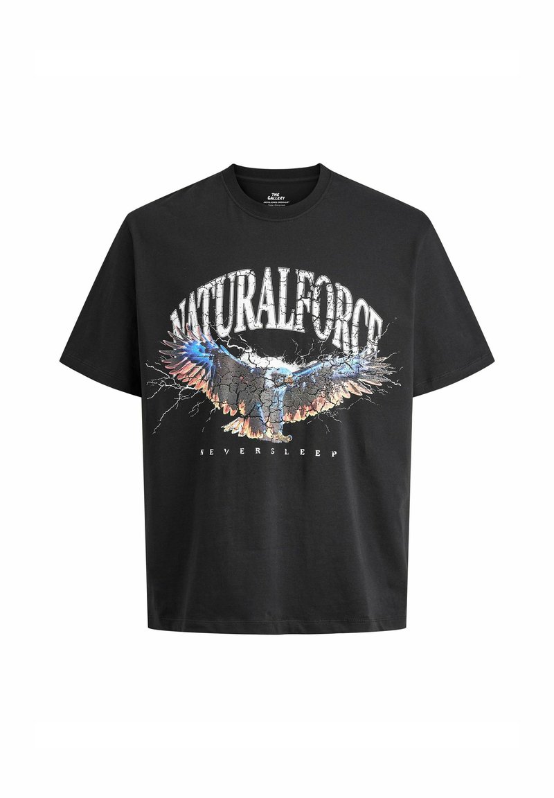 Black cotton t-shirt featuring a graphic design of an eagle with blue and orange accents, text reading "NATURALFORCE NEVERSLEEP," and a relaxed fit.