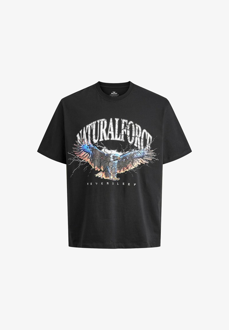Black cotton t-shirt featuring a graphic design of an eagle with blue and orange accents, text reading "NATURALFORCE NEVERSLEEP," and a relaxed fit.