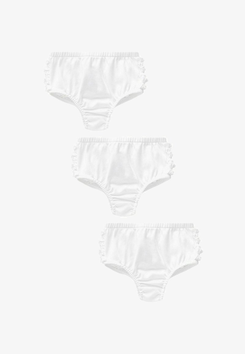 Białe bawełniane majtki z falbankami po bokach, z elastycznym pasem w talii i miękką strukturą. Trzy z nich ułożone są w stos w pionie.