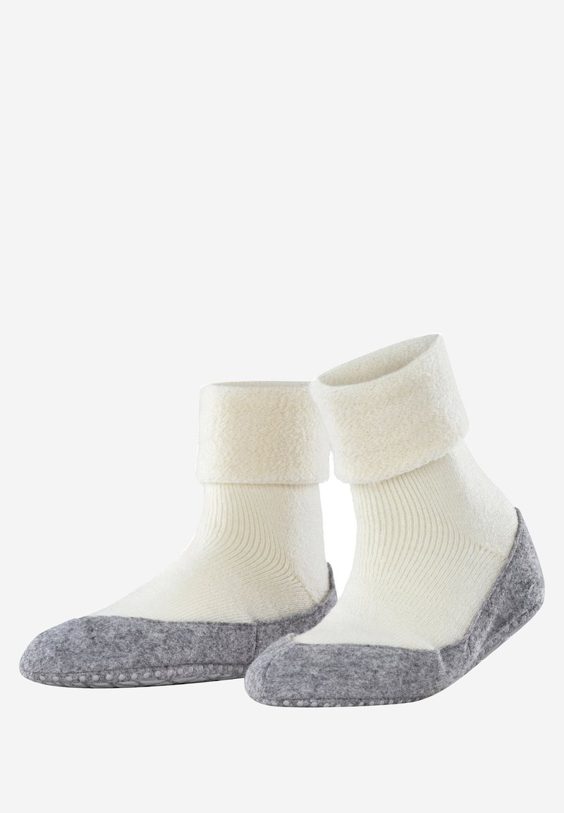 Weiße Socken mit Fleecefutter und einem strukturierten, gerippten Körper, ausgestattet mit einer grauen, wollähnlichen Spitze und Ferse, die ein gemütliches Aussehen und ein praktisches Design bieten.
