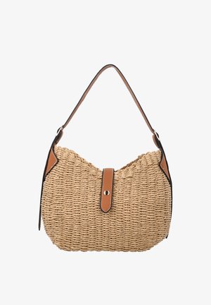 Fonott szalmatáska világosbarna bőr díszítéssel, egy darab felső fogantyúval és elöl patentos záródással, fehér háttéren.