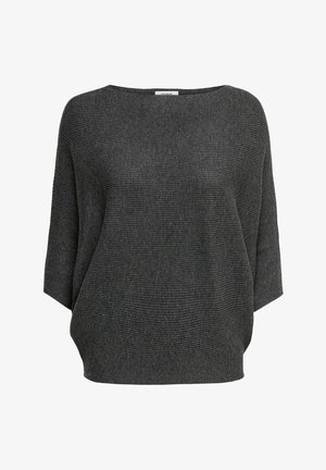 Tumedast hallist puuvillasegusest ribakudumist valmistatud sviiter, millel on lai kaelus ja lõdvad kolmveerandvarrukad, ning lõdvestatud lõige.