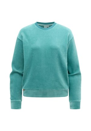 Felpa a maniche lunghe in tessuto a coste color verde petrolio, con scollo rotondo e polsini e orlo elasticizzati, mostrata su sfondo bianco.