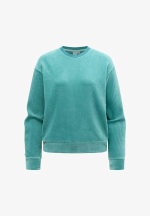 Turkusowa prążkowana bluza z długim rękawem, dekoltem typu crew, elastycznymi ściągaczami na mankietach i pasie, prezentowana na białym tle.