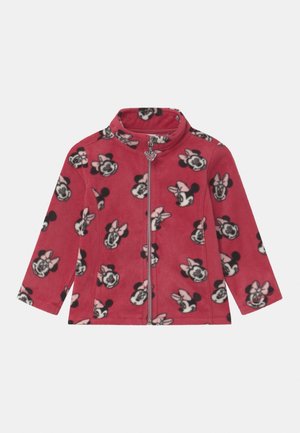 Børne lyserød fleecejakke med fuld lynlås foran og gentaget mønster af Minnie Mouse-ansigt med sløjfe.