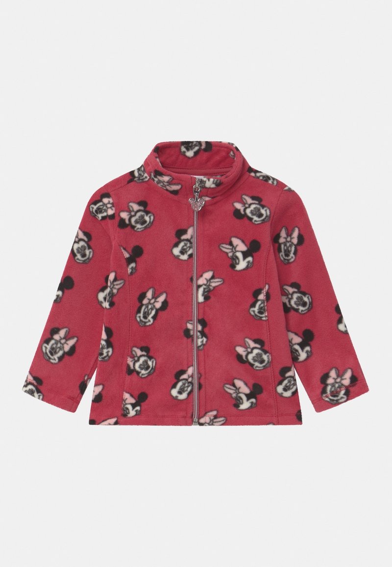 Veste polaire rose pour enfants avec fermeture éclair complète à l'avant et motif répété du visage de Minnie Mouse portant un nœud.