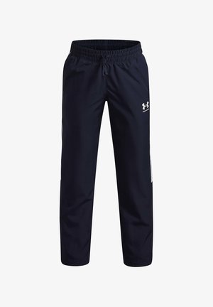 Temno modre trenirke z elastičnim pasom, vrvico za zategovanje in belimi poudarki na straneh. Iz lahkega, trpežnega blaga. Na boku je logotip.