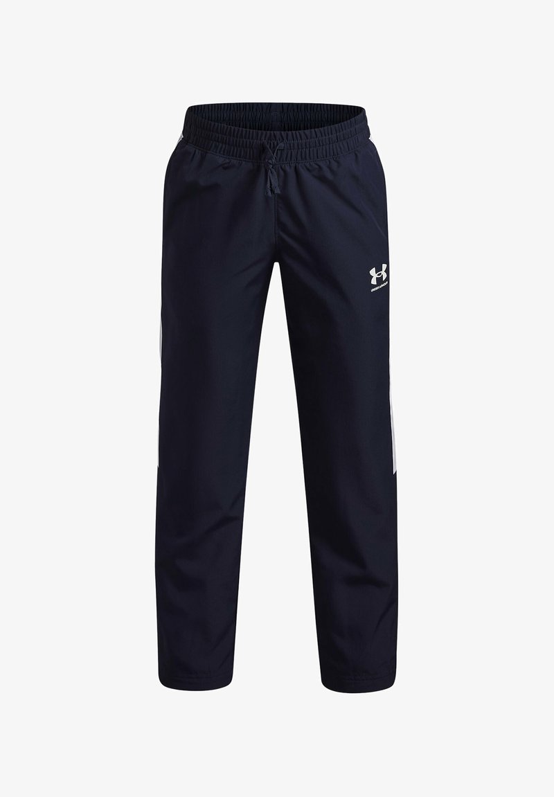 Pantalons d'entraînement bleu marine avec une ceinture élastique, un cordon de serrage et des accents blancs sur les côtés. Fabriqués en tissu léger et durable. Présentent un logo sur la hanche.