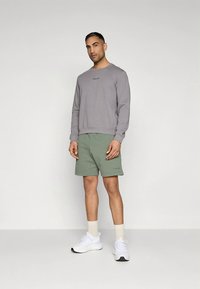 Szürke pulóver kerek nyakkivágással és világoszöld, puha tapintású rövidnadrág. Fehér sportcipővel egészül ki a ruházat.