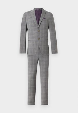 Gray plaid suit with a two-button jacket, notch lapels, and matching trousers. Inner lining is purple, and features a decorative pocket square.