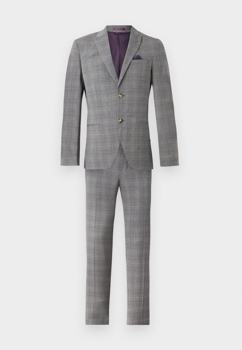 Grijze ruitpakken met een jasje met twee knopen, geknipte revers en bijpassende broek. De binnenvoering is paars en heeft een decoratief pochet.
