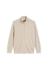 Beige ritsvest van breiwerk. Heeft een hoge kraag, lange mouwen en geribbelde manchetten. Schone uitstraling met een gladde textuur.