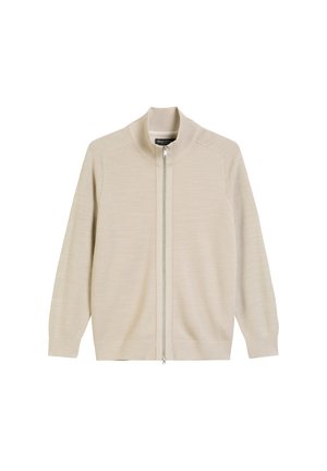 Beige Reißverschluss-Pullover aus Strickstoff. Hat einen hohen Kragen, lange Ärmel und gerippte Bündchen. Sauberes Design mit einer glatten Textur.