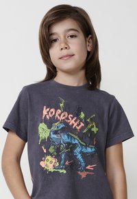 Pilkas medvilnės marškinėliai su spalvinga dinozaurų grafika ir tekstu, su trumpomis rankovėmis ir apvaliu kaklu.