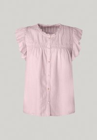 Blouse rose clair avec des manches courtes à volants, devant à boutons et détails smockés au niveau de la poitrine. Tissu doux et texturé. Encolure ronde.