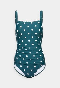 Teollinen yksiosainen uimapuku, jossa on valkoisia pilkkuja, rypytettyjä sivuja ja aaltoileva kaula-aukko. Säädettävät olkaimet. Sisältää logotunnuksen.