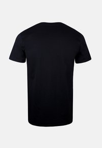 Black short-sleeve cotton t-shirt with a round neck, featuring a smooth texture and a plain design without any patterns or embellishments.