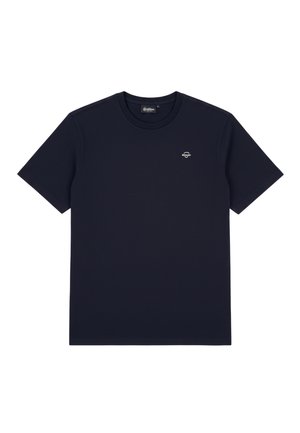 T-shirt blu navy a maniche corte con scollo rotondo e piccolo logo circolare bianco sul petto a sinistra.
