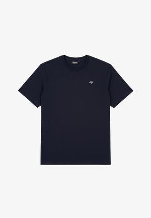 Camiseta azul marino de manga corta con cuello redondo y un pequeño logo circular blanco en el pecho izquierdo.