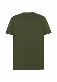 Olivegrünes T-Shirt, kurze Ärmel, Rundhalsausschnitt, aus weichem Stoff, mit glatter Textur und ohne sichtbare Logos oder Muster.