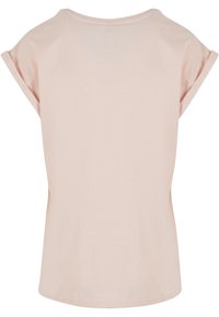 Chemise rose clair à manches courtes avec poignets retroussés et col rond vue de dos.