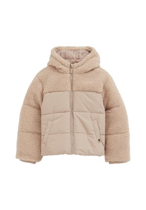 Veste à capuche beige pour enfants avec une fermeture éclair à l'avant, deux poches latérales, partie supérieure et manches en polaire douce, et tissu matelassé sur la partie inférieure.