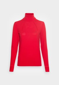 Rode coltrui van geribbelde gebreide stof, met lange mouwen, een getailleerd silhouet en een subtiel logo op de borst.