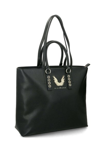 Borsa tote in pelle nera con due manici lunghi, con dettagli dorati e un logo a forma di aquila sulla parte anteriore, cinque occhielli sulle cinghie.