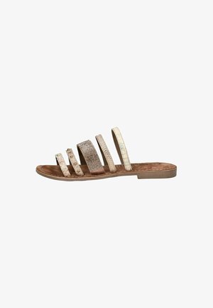 Infradito piatti con cinque cinghie in diverse texture e tonalità di beige e marrone, con una soletta imbottita e una suola liscia.
