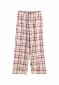 Pantaloni de pijama cu carouri în nuanțe de roz deschis, crem și purpuriu. Au un brâu elastic cu șnur și un design cu picioare largi.