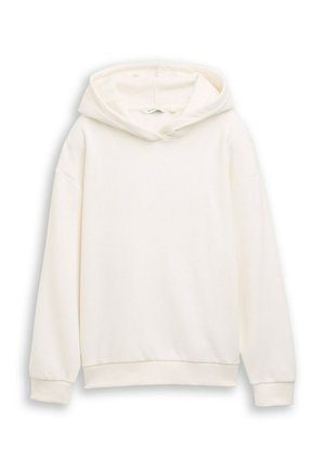 Effen witte hoodie met lange mouwen, een voorzak en geribbelde boorden en zoom, weergegeven op een witte achtergrond.