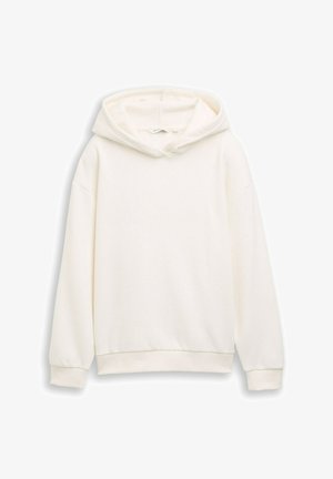 Schlichter weißer Kapuzenpullover mit langen Ärmeln, einer Fronttasche sowie gerippten Bündchen und Saum, auf weißem Hintergrund dargestellt.