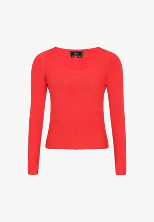 Piros bordázott, hosszú ujjú felső, kerek nyakkivágással, puha anyagból készült. Feszes szabással és sima textúrával rendelkezik.