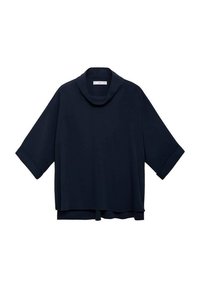 Top de corte suelto en azul marino, con mangas cortas enrolladas y un cuello alto. Hecho de una tela suave con un dobladillo recto y sin cierres visibles.