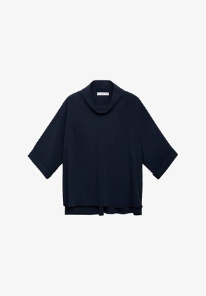 Navyblaues, locker sitzendes Oberteil mit kurzen, umgeschlagenen Ärmeln und hohem Kragen. Hergestellt aus weichem Stoff mit geradem Saum und ohne sichtbare Verschlüsse.
