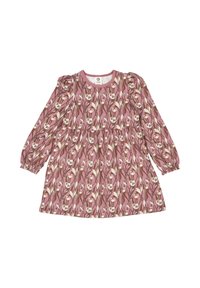 Růžové květinové šaty s dlouhými nabíranými rukávy, kulatým výstřihem a nařaseným pasem. Mají bílé květy s hnědými stonky na růžovém pozadí.