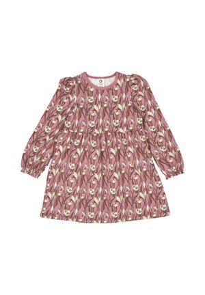 Rosa Blumenkleid mit langen Puffärmeln, runder Ausschnitt und geraffter Taille. Es zeigt weiße Blumen mit braunen Stielen auf einem rosa Hintergrund.