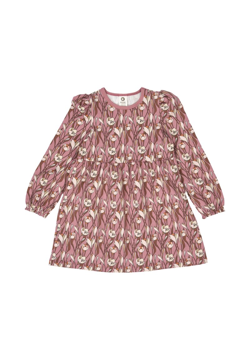 Růžové květinové šaty s dlouhými nabíranými rukávy, kulatým výstřihem a nařaseným pasem. Mají bílé květy s hnědými stonky na růžovém pozadí.